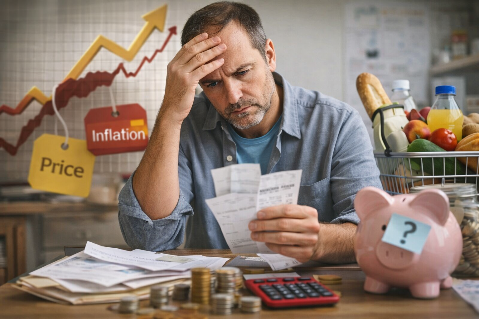 رجل يراجع فواتير وإيصالات بقلق أمام آلة حاسبة وعملات، وبجواره سلة مشتريات لتجسيد أثر التضخم على القرار المالي.