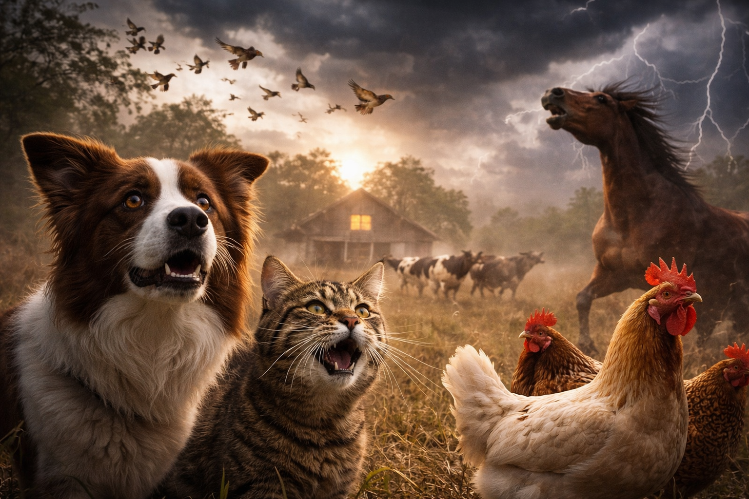 حيوانات برية ومنزلية تظهر سلوكًا متوترًا قبل خطر محتمل، في مشهد واقعي يرمز لقدرتها على استشعار التغيرات البيئية.