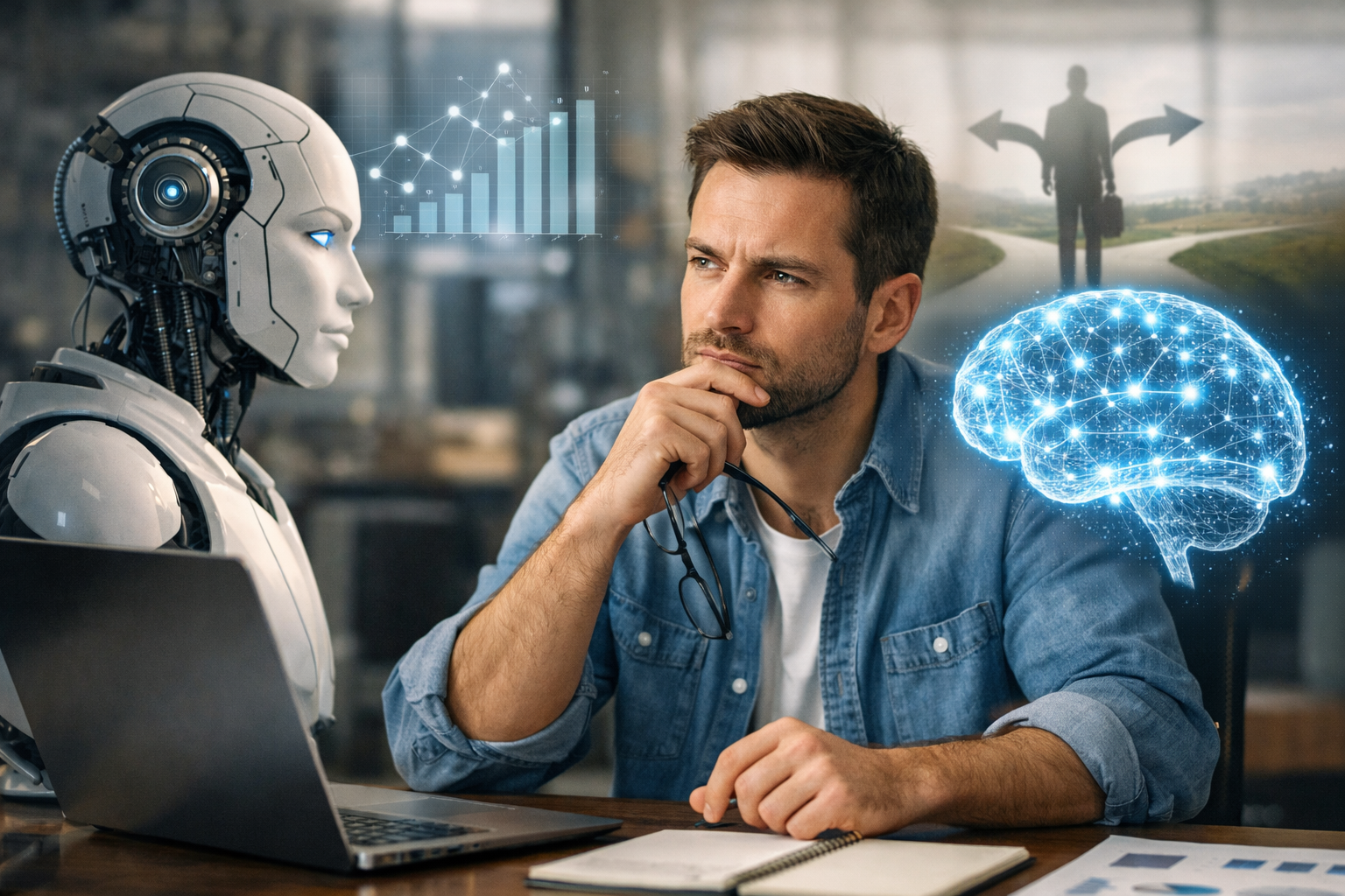 رجل يفكر أمام روبوت في مكتب عمل مع مؤثرات رقمية ترمز لتأثير الذكاء الاصطناعي على القرار اليومي