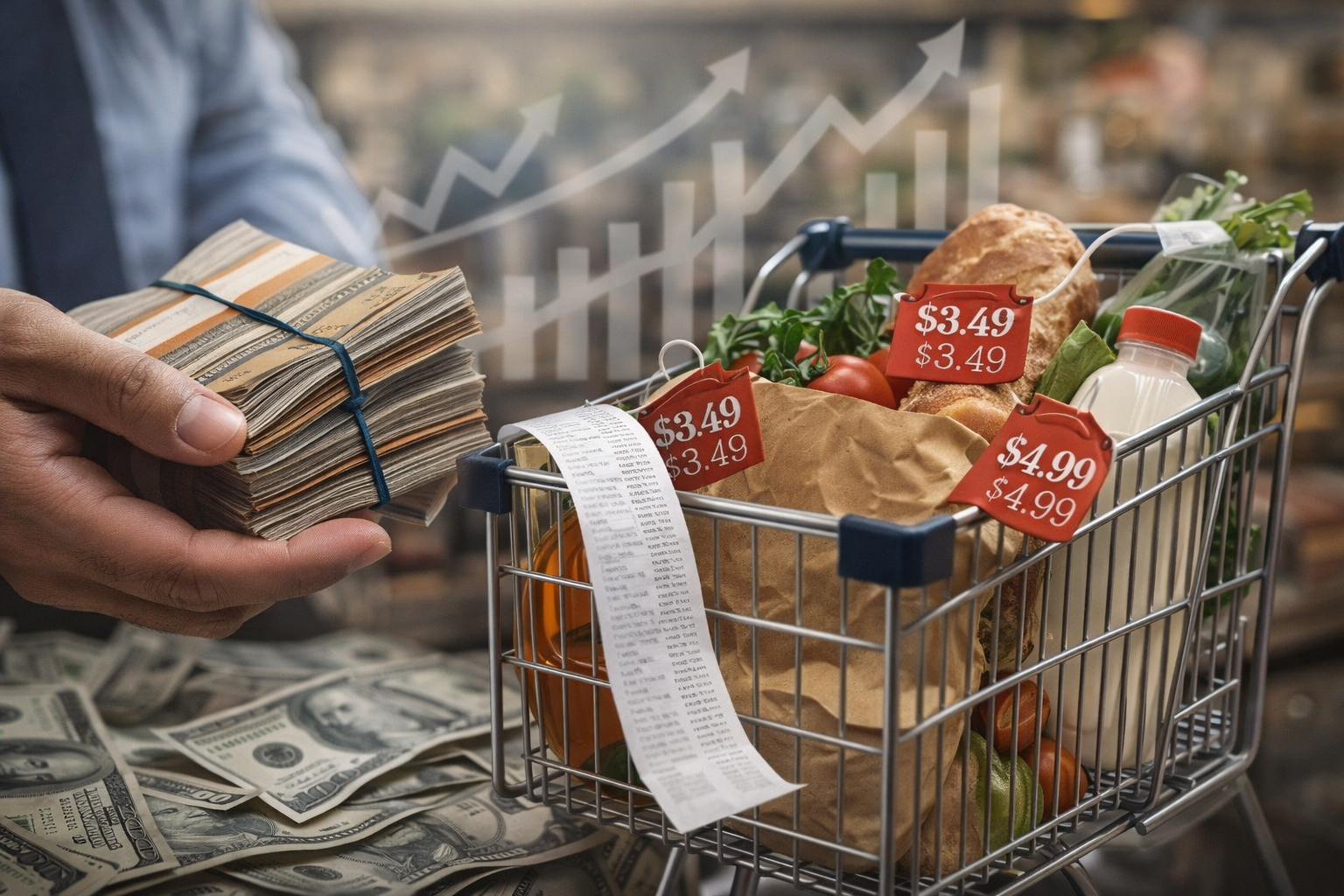 يد تمسك رزمة نقود مقابل عربة تسوق مليئة بمواد غذائية وبطاقات أسعار مرتفعة، لشرح تآكل القوة الشرائية.
