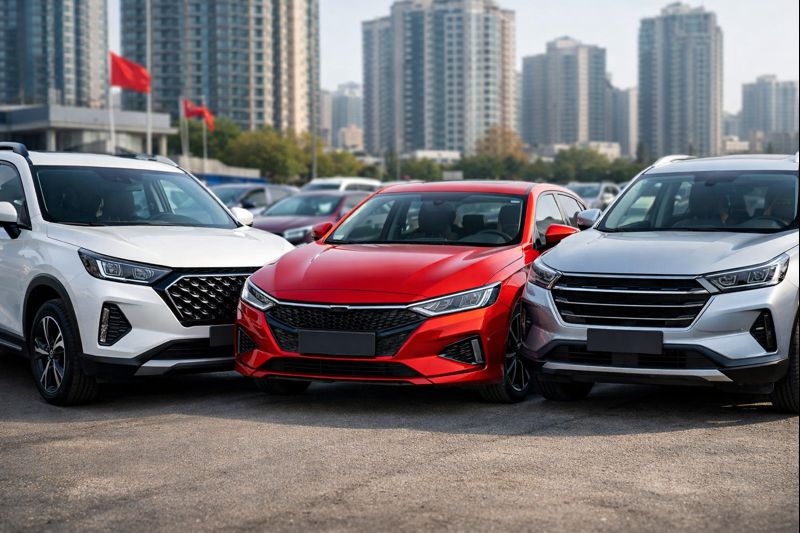 سيارة صينية حديثة متوقفة في ساحة مضاءة نهارًا مع تركيز على تفاصيل المصابيح والهيكل لإيحاء الجودة مقابل السعر.