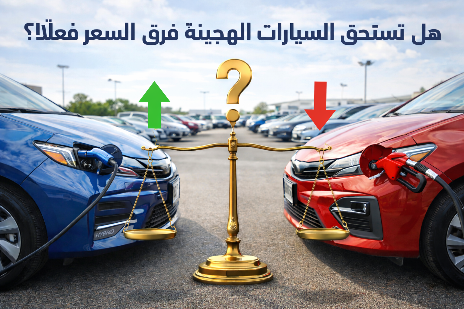 مقارنة بين سيارة هجينة وأخرى بنزين مع ميزان وأسهم صعود وهبوط توضح جدل فرق السعر والقيمة الفعلية.