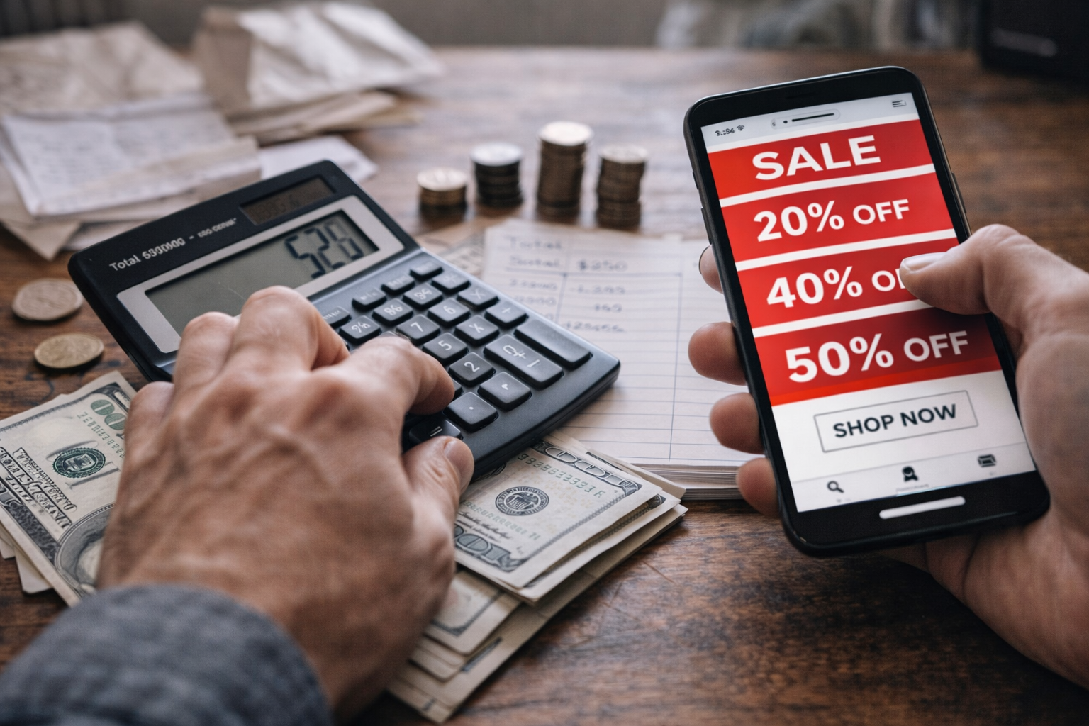 يد تحسب الميزانية على آلة حاسبة بينما تعرض شاشة هاتف خصومات كبيرة، في مشهد يرمز للتسوق الذكي مقابل الشراء الاندفاعي.
