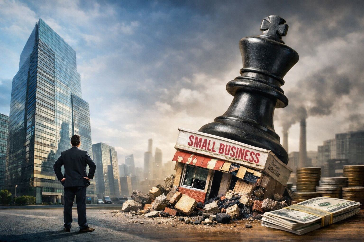 مشهد واقعي يرمز لهيمنة الشركات العملاقة: ناطحة سحاب مقابل متجر صغير تسحقه قطعة شطرنج عملاقة.