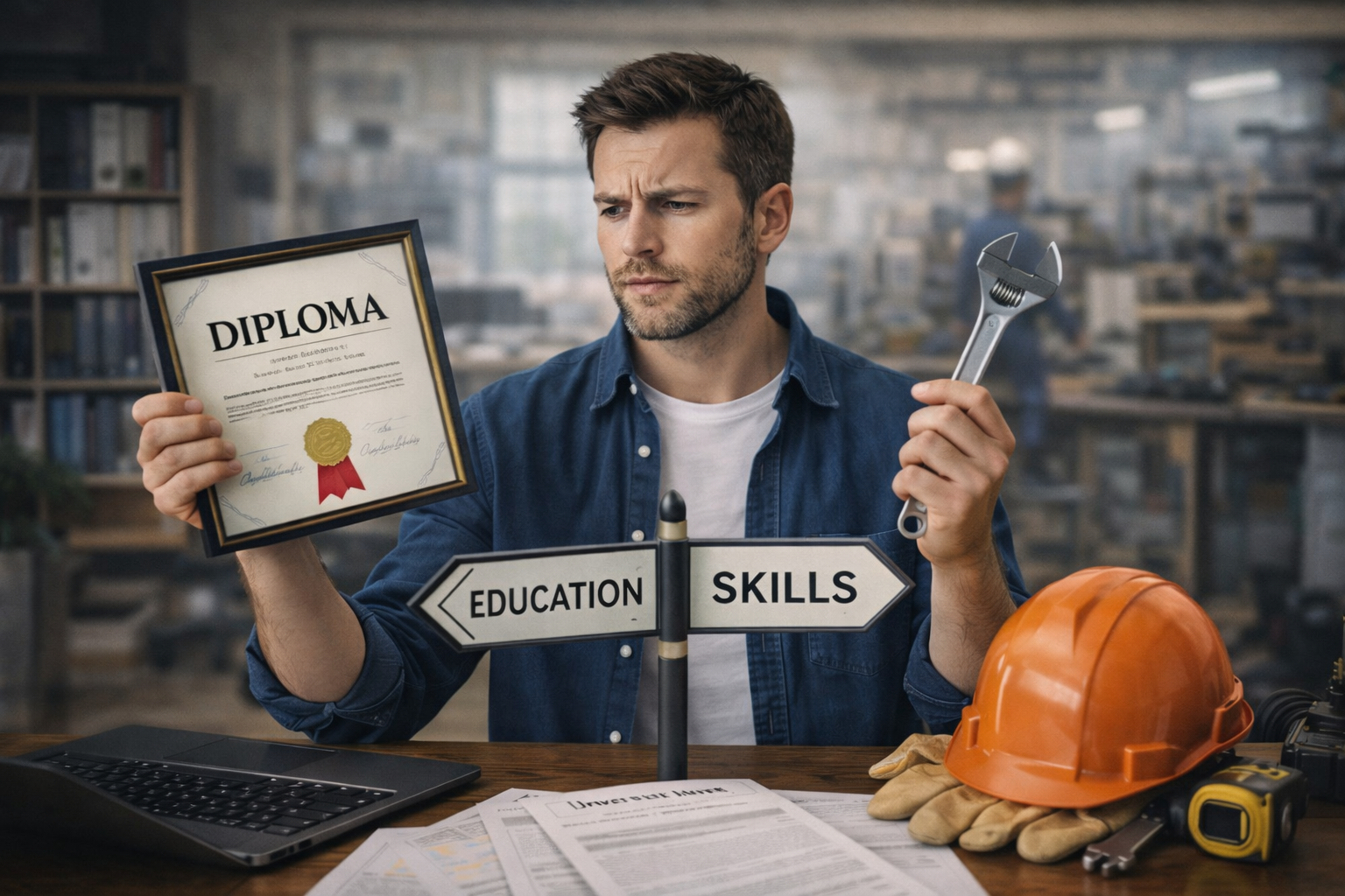 رجل يقارن بين شهادة دراسية وأداة عمل داخل بيئة مهنية في دلالة على المفاضلة بين التعليم والمهارات