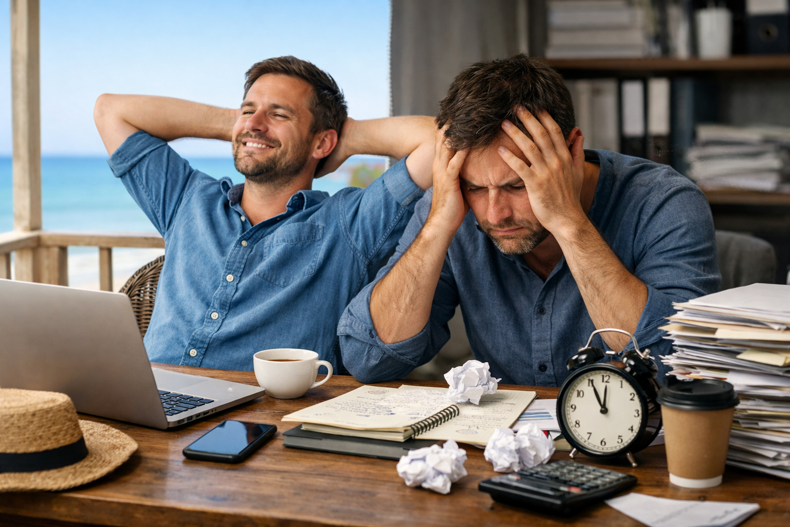 مشهد واقعي لمستقل يعمل على لابتوب بين لحظة استرخاء وأخرى ضغط، مع أوراق متراكمة وساعة على المكتب.