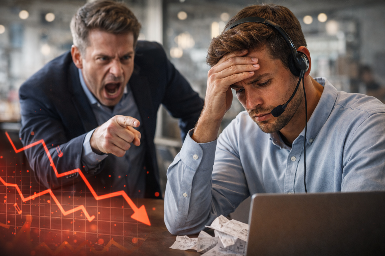 عميل غاضب يواجه موظف خدمة عملاء مرهقًا مع مؤشرات خسارة، صورة تعكس حدود شعار “العميل دائمًا على حق”.