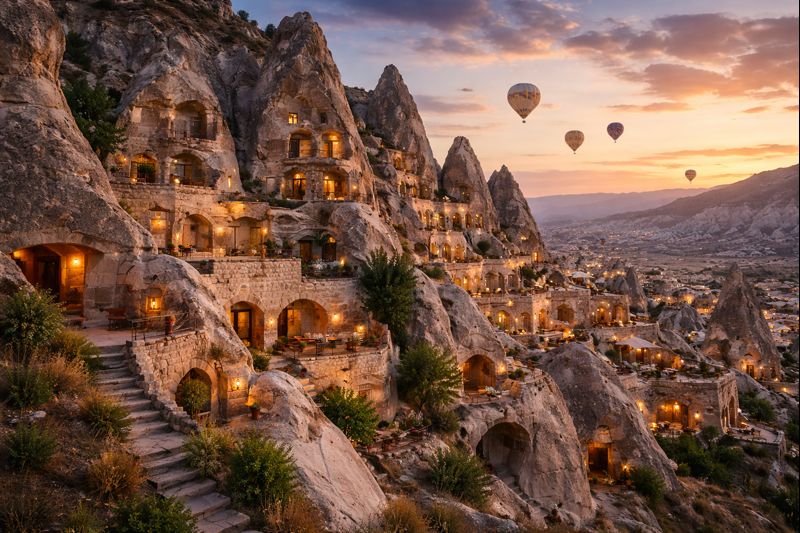 بيوت كهفية منحوتة في صخور كابادوكيا بواجهات بسيطة ونوافذ صغيرة، تتدرج داخل الجبل بإضاءة صباحية هادئة.