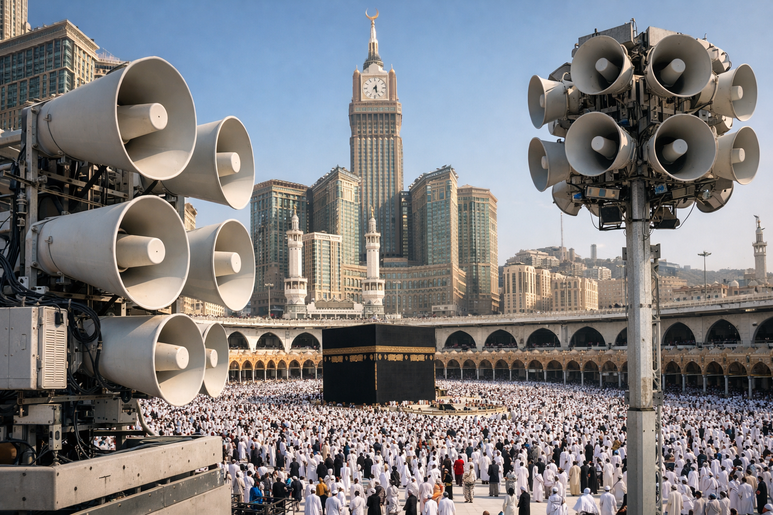مشهد واقعي للمسجد الحرام بمكة مع الكعبة والحشود ومكبرات صوت كبيرة في المقدمة يبرز ضخامة البنية الصوتية.