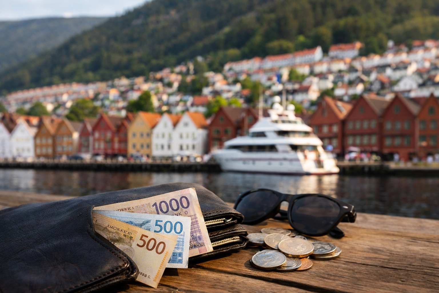 محفظة جلدية بداخلها أوراق كرونة نرويجية وعملات معدنية أمام ميناء بيرغن ومبانيه الملوّنة.