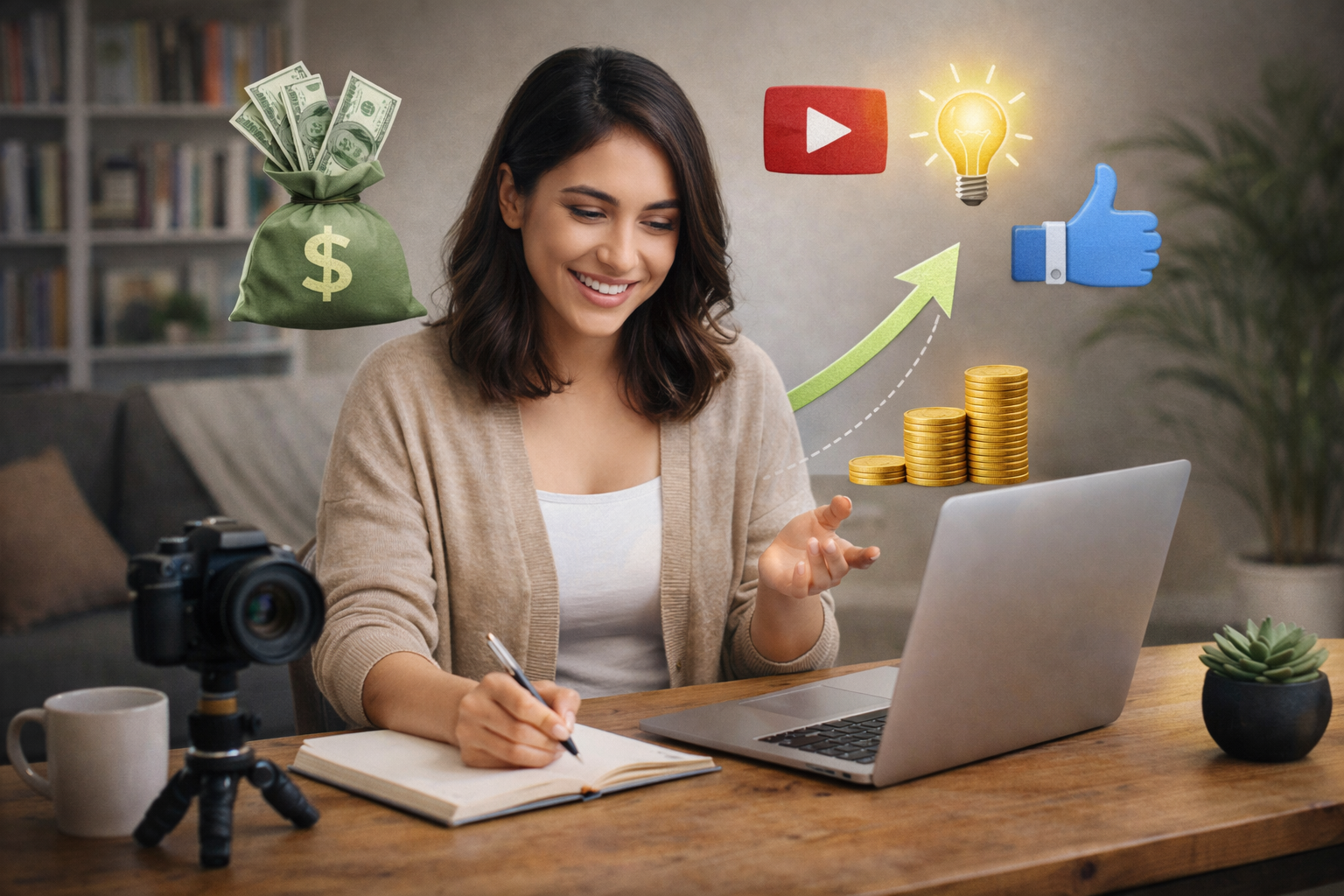 صانعة محتوى تعمل من مكتب منزلي أمام لابتوب وكاميرا وتدوّن خطة عملية لبدء الربح من المحتوى على الإنترنت بشكل واقعي.