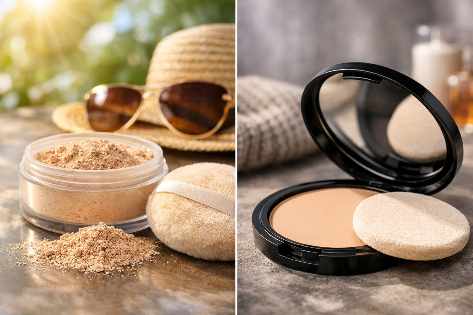 صورة تقارن بين بودرة سائبة وبودرة مضغوطة مع إسفنجة تطبيق، توضح اختيار المكياج حسب الجو ونوع البشرة.