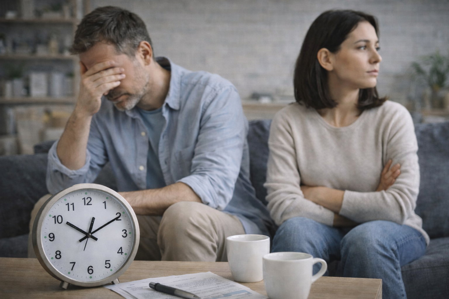 زوجان يجلسان متباعدين على الأريكة بملامح توتر، مع ساعة على الطاولة ترمز لوقت مناسب قبل إعادة فتح النقاش بهدوء.