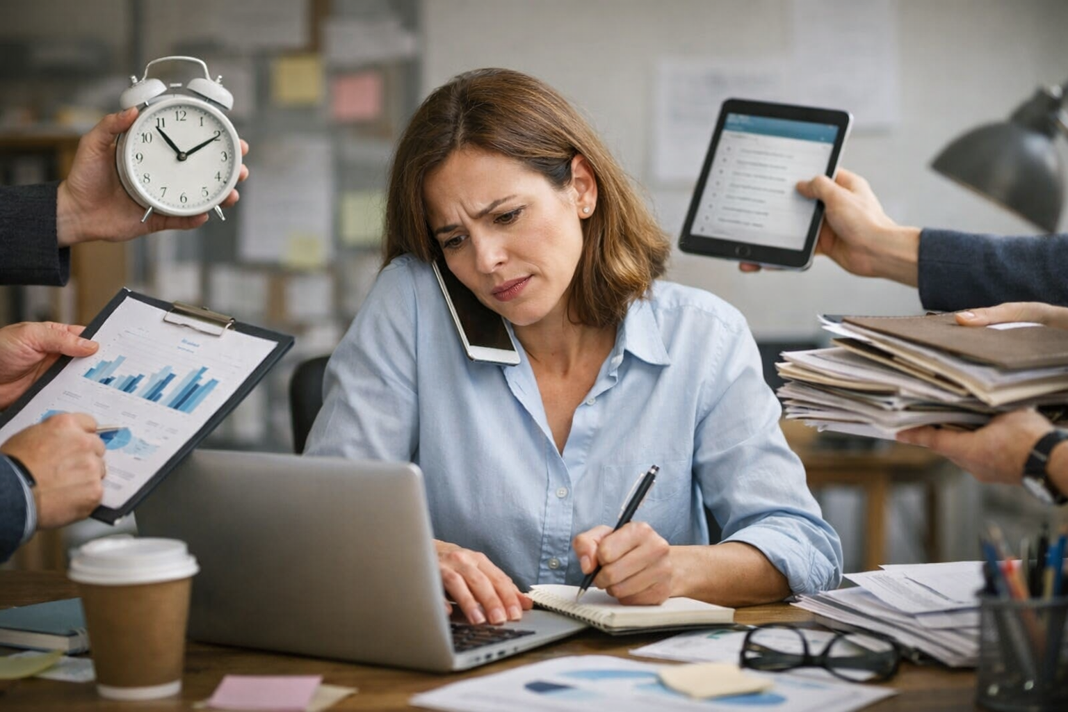 موظفة مرهقة تحاول الرد على الهاتف والكتابة على اللابتوب وسط أوراق كثيرة، في مشهد يعكس ضغط تعدد المهام.
