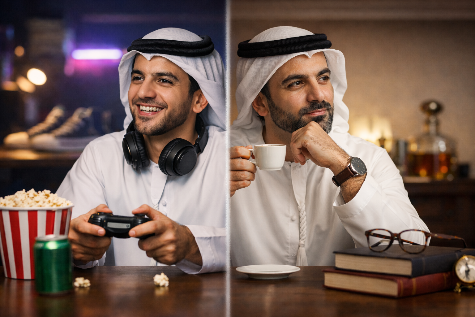 لقطة نصفية لشخص بزي خليجي مقسومة إلى مرحلتين عمريتين: شاب يلعب بيد تحكم ورجل أكبر يتأمل مع قهوة وكتب.