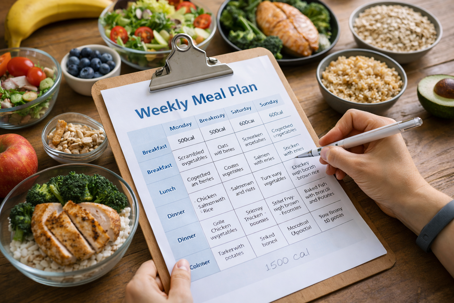 ورقة خطة وجبات أسبوعية على لوح مع أطعمة صحية متنوعة ويد تدوّن السعرات، في لقطة واقعية واضحة بلا شعارات