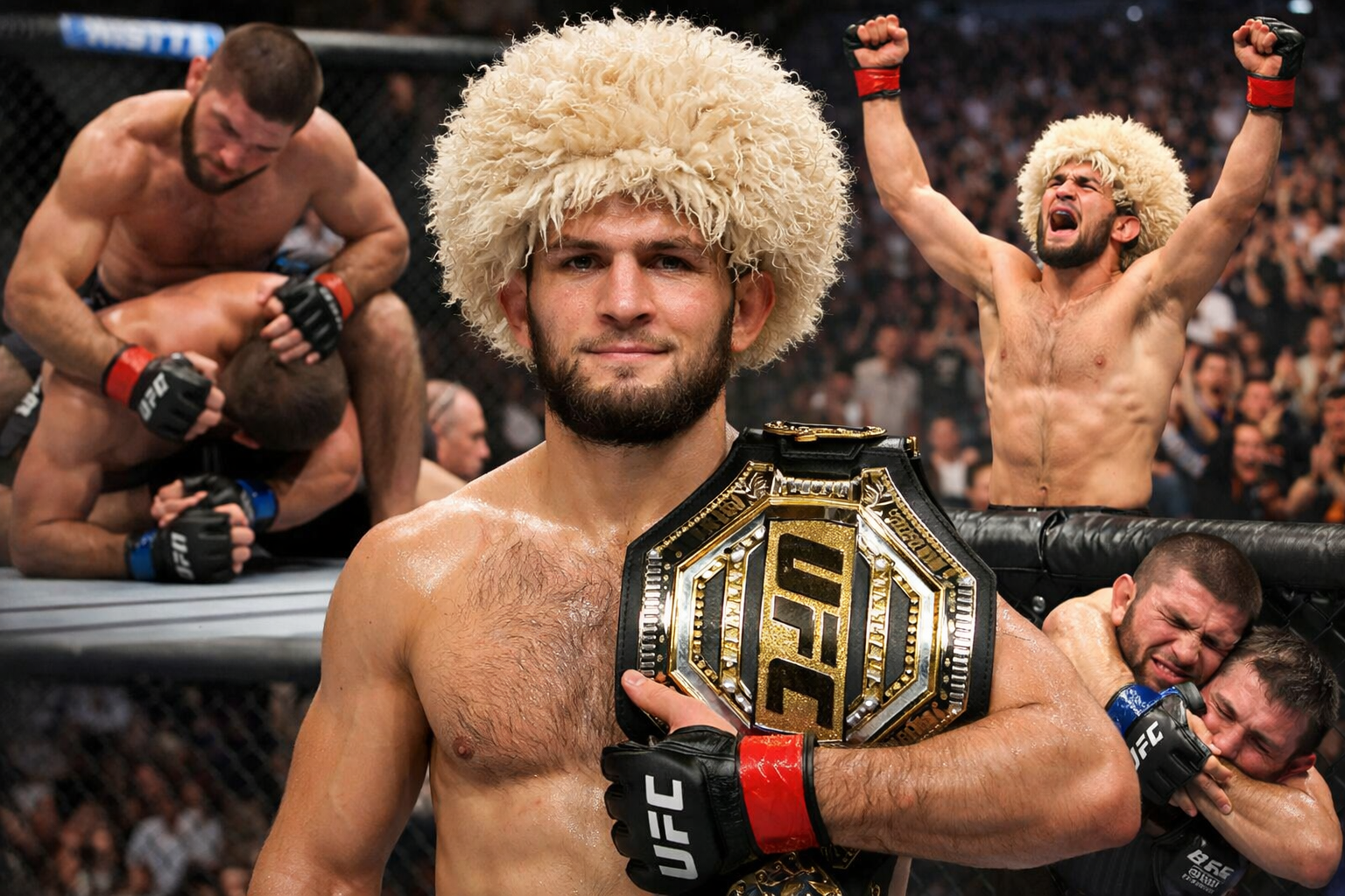 حبيب نورمحمدوف داخل قفص UFC يحمل حزام الوزن الخفيف مرتديًا قبعة باباخا مع إضاءة جماهيرية خلفه