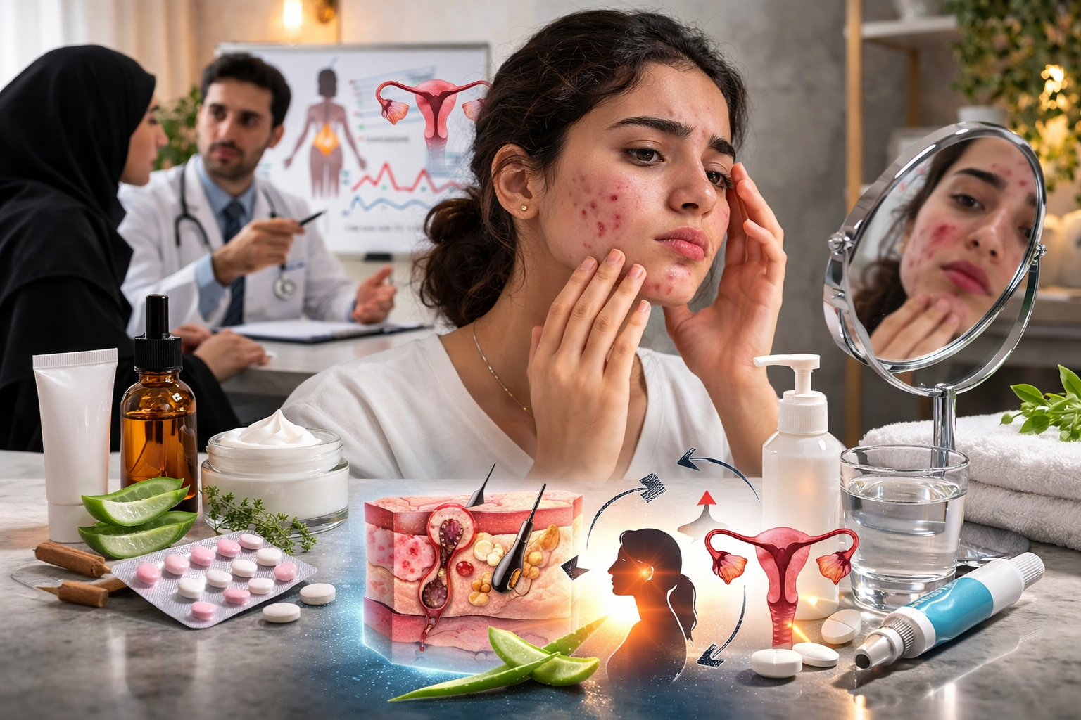 فتاة تفحص حبوبًا ملتهبة في منطقة الفك والذقن أمام المرآة مع مشهد استشارة طبية ومنتجات علاجية