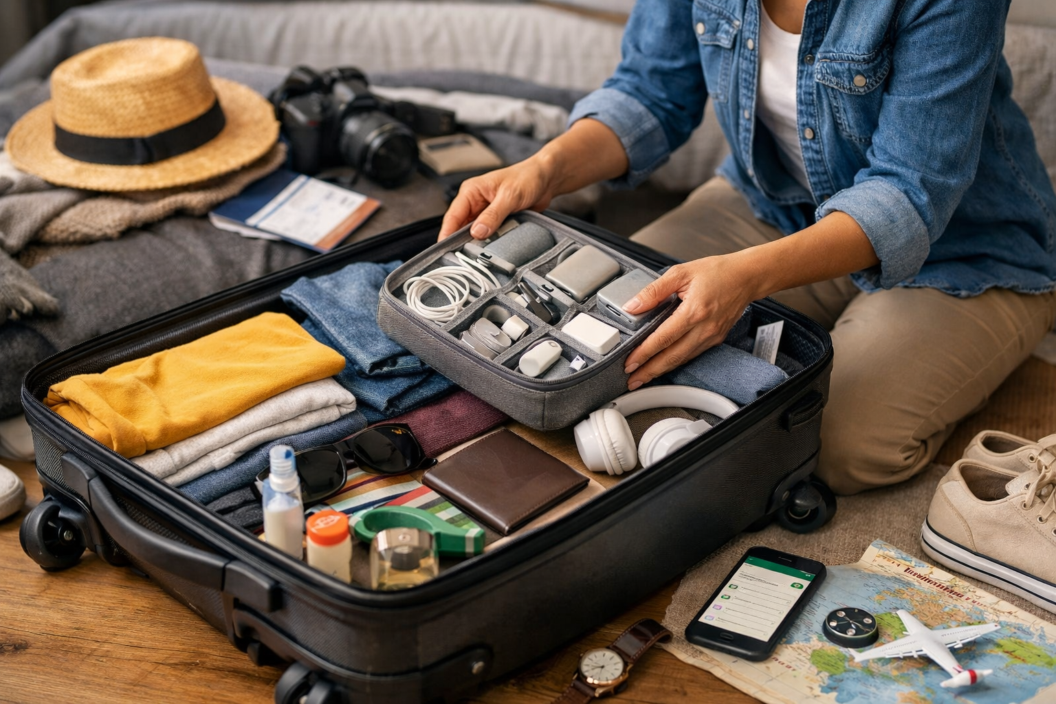 حقيبة سفر مفتوحة مرتبة بعناية تضم ملابس وإكسسوارات ومنظمات إلكترونيات مع هاتف يعرض قائمة تجهيز قبل السفر