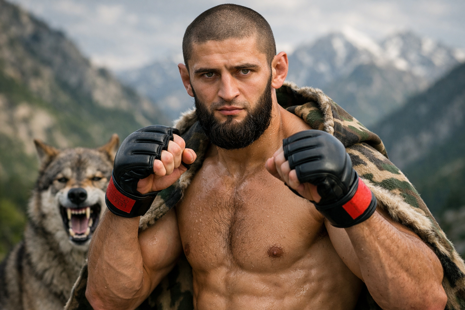 صورة واقعية لمقاتل UFC حمزة شيمايف في وضعية قتال بالقفازات مع ذئب وخلفية جبال ضبابية.