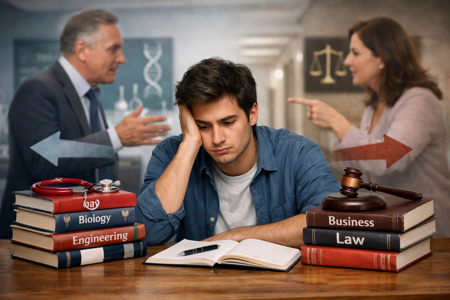 طالب جامعي يبدو مترددًا أمام كتب تخصصات مختلفة بينما تظهر إشارات ضغط عائلي ومجتمعي تؤثر على قراره الدراسي.