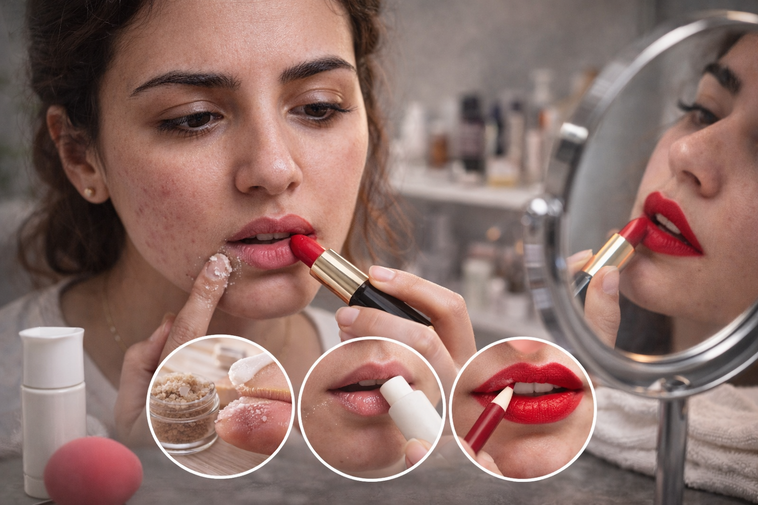 لقطة قريبة لامرأة تضع الروج الأحمر أمام مرآة مع إبراز ترطيب الشفاه وتقشير خفيف لثبات أفضل دون جفاف