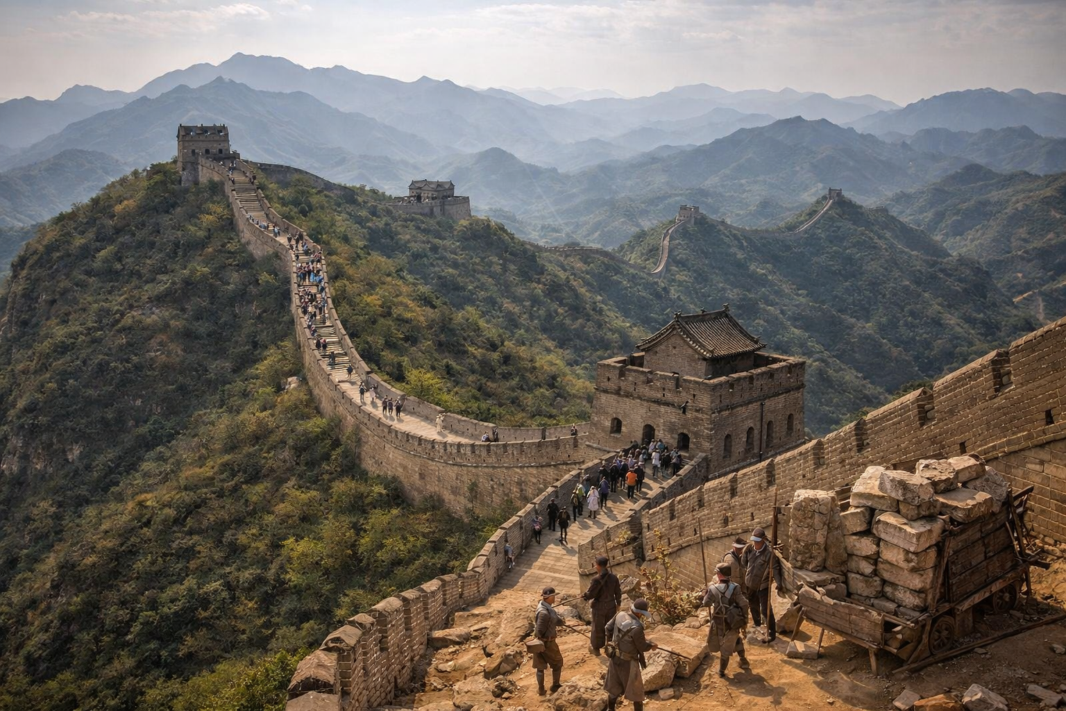 سور الصين العظيم يمتد فوق جبال وعرة مع برج مراقبة حجري وزوار يسيرون على الممر في ضوء غروب طبيعي.