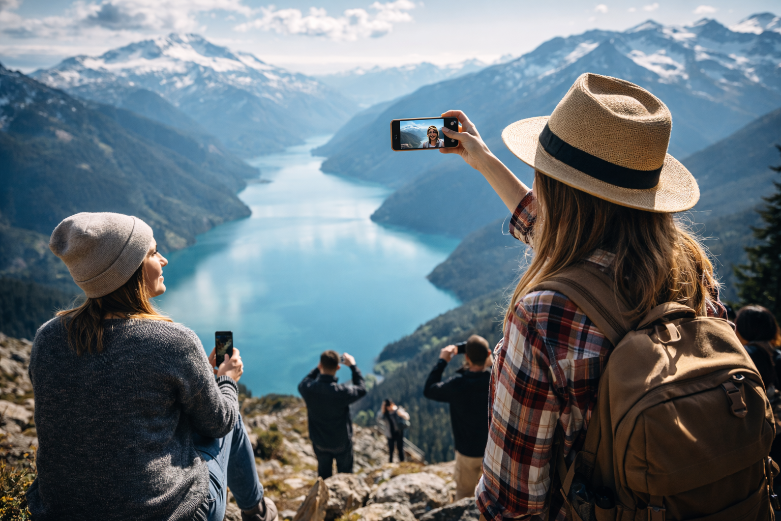 سائحات يلتقطن سيلفي أمام بحيرة وجبال خلابة بينما آخرون يصورون المكان، رمز لسياحة الترند وسباق اللقطة.