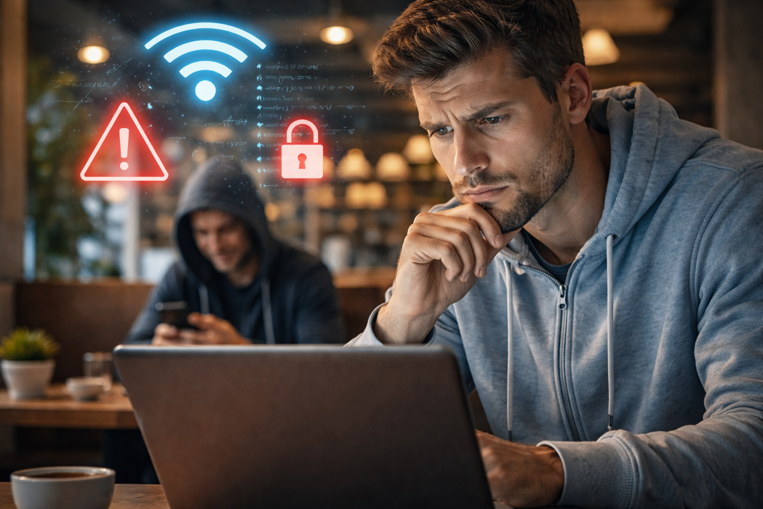 رجل يستخدم لابتوب في مقهى مع رمز تحذير وأيقونات قفل وواي فاي، يرمز لمخاطر الشبكات العامة على البيانات.