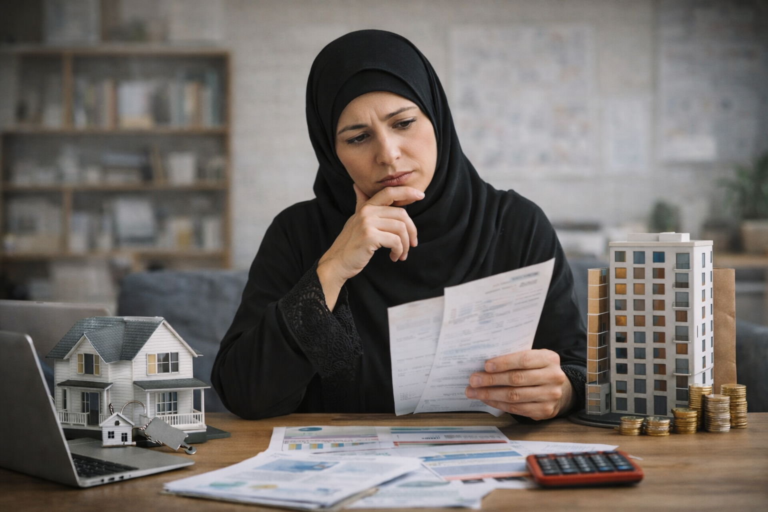 سيدة خليجية تراجع أوراقًا مالية أمام نماذج منزل وشقة مع آلة حاسبة وعملات، لتجسيد قرار شراء عقار للسكن أو الاستثمار.