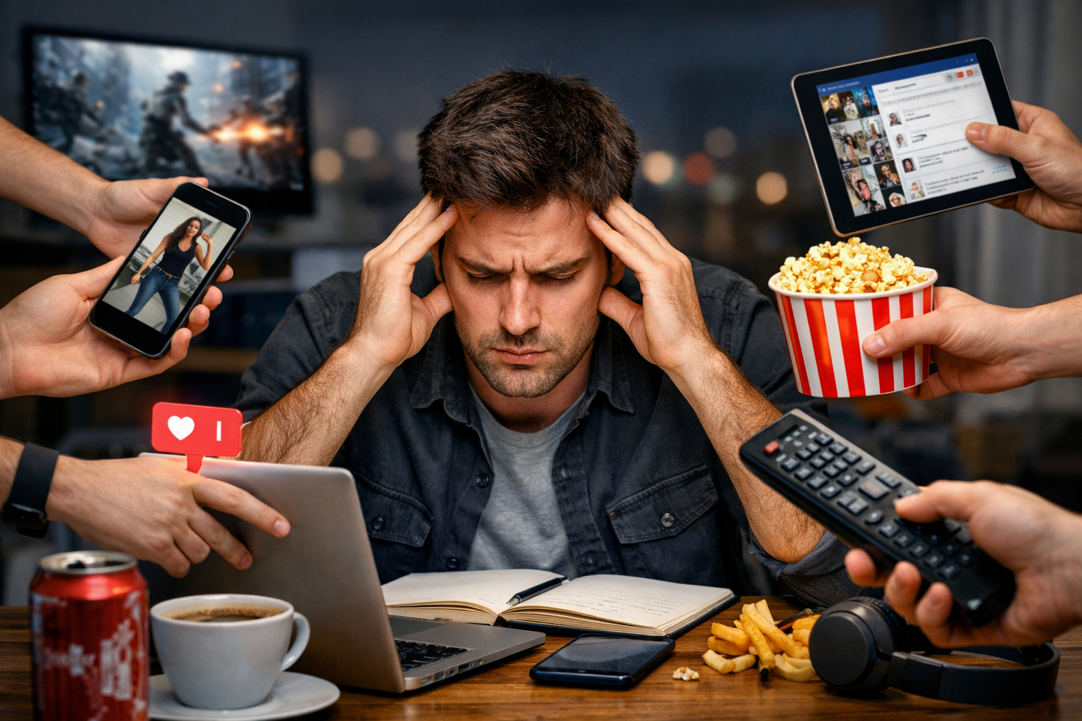 رجل يعمل على مكتب ويحاول التركيز بينما تُحاصره هواتف وإشعارات وشاشات وطعام سريع في مشهد واقعي.