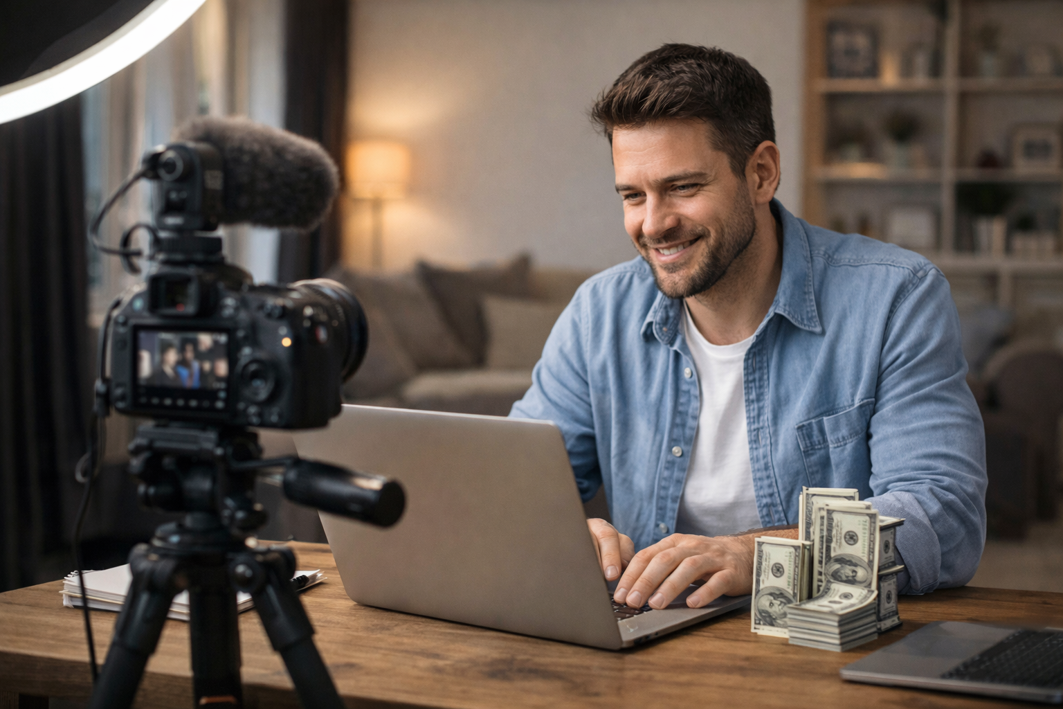 صانع محتوى يعمل على لابتوب أمام كاميرا احترافية وميكروفون داخل منزل، في مشهد يوضح الربح عبر المحتوى.