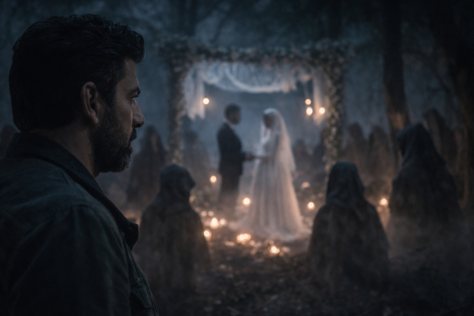 رجل يراقب من بعيد مراسم زفاف غامضة وسط ضباب الغابة وإضاءة شموع خافتة، في مشهد واقعي يوحي بتحوّل الرواية إلى عمل درامي.