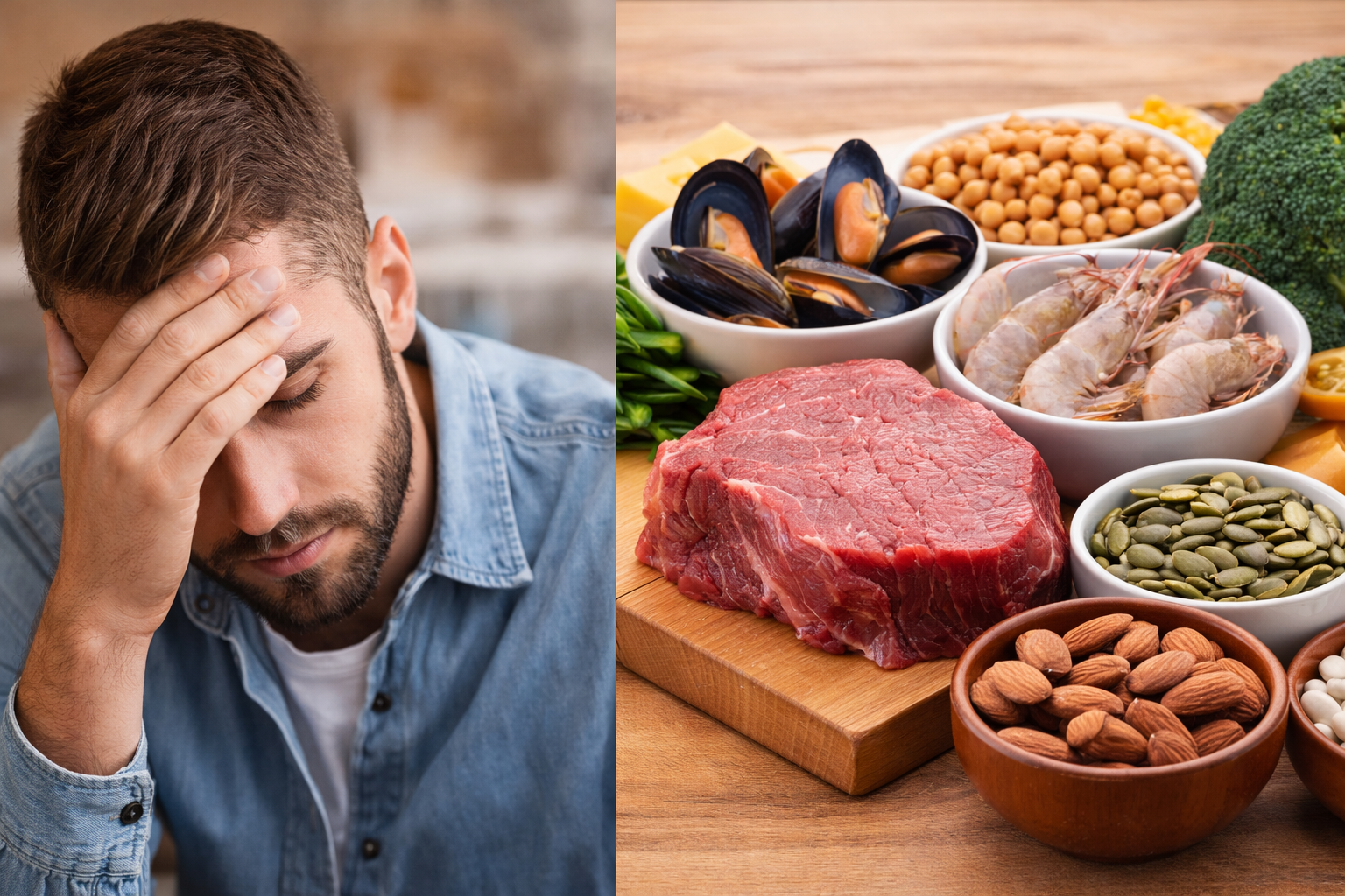 صورة واقعية تُظهر شخصًا مرهقًا بجانب أطعمة غنية بالزنك مثل اللحم والمكسرات والبقول والمأكولات البحرية.