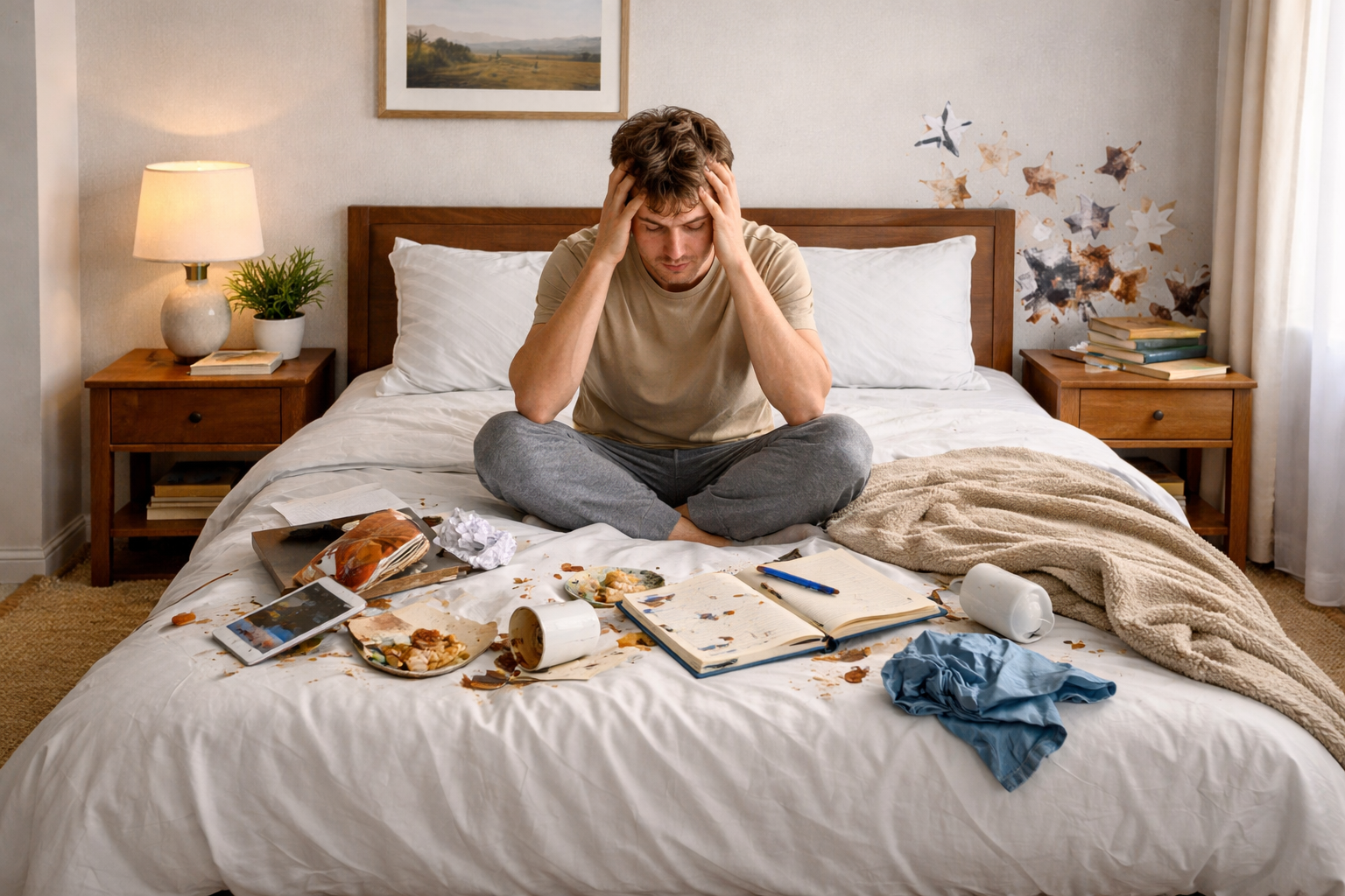 غرفة نوم مرتبة بعناية مع شخص يجلس على السرير ممسكًا رأسه بتوتر، في مشهد يعبّر عن فوضى نفسية داخل مساحة منظمة