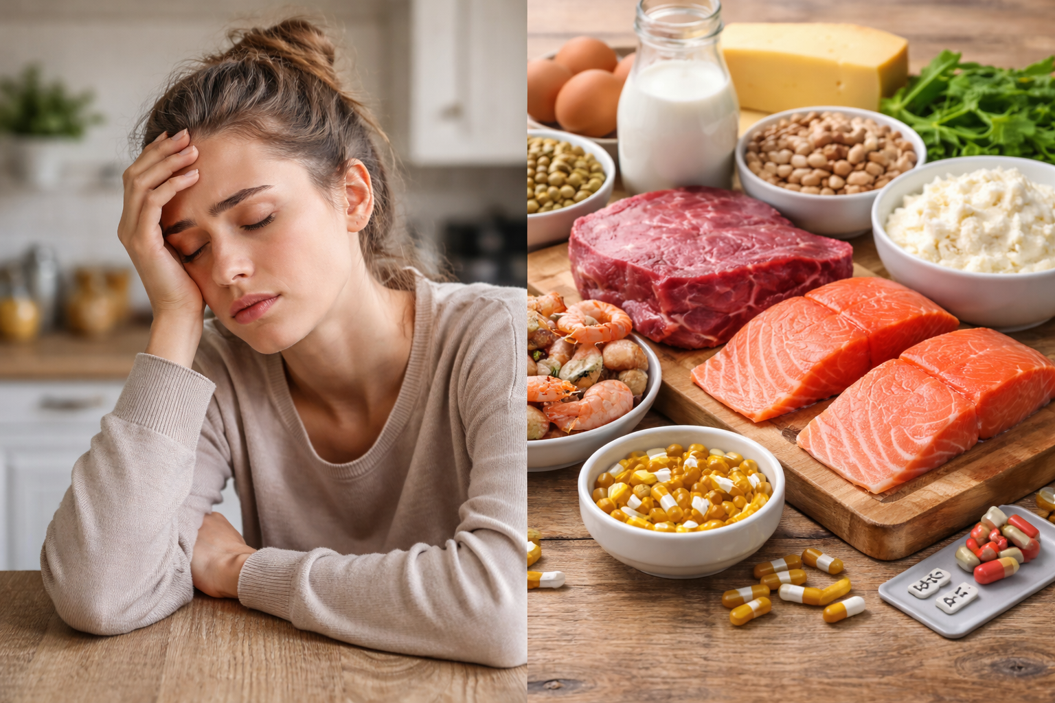 صورة واقعية تُظهر إرهاقًا بجانب أطعمة غنية بفيتامين B12 مثل السلمون واللحوم والبيض والحليب والمكملات.