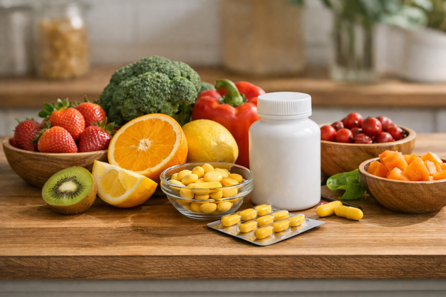 صورة واقعية لأطعمة غنية بفيتامين C مثل البرتقال والفراولة والبروكلي مع مكملات عامة بدون شعارات.