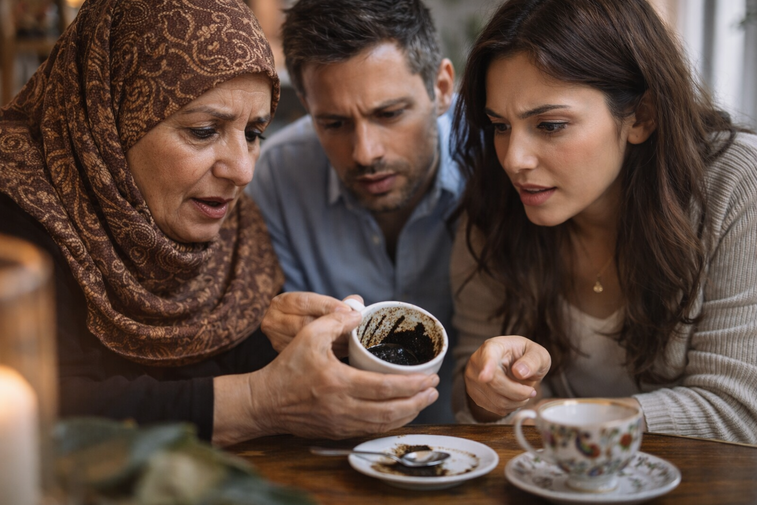 امرأة تقرأ بقايا القهوة داخل فنجان أمام شخصين في جلسة عربية دافئة، تلمّح لقراءة الفنجان وأسباب تصديقها.