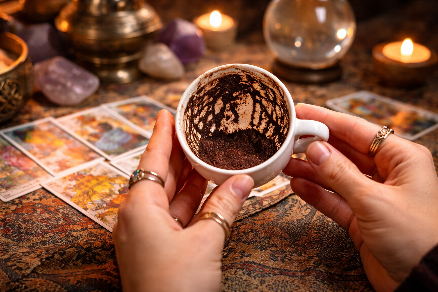 فنجان قهوة تركية مقلوب وبقايا البن على الجدران بين يدين مع إضاءة دافئة توحي بقراءة الفنجان.