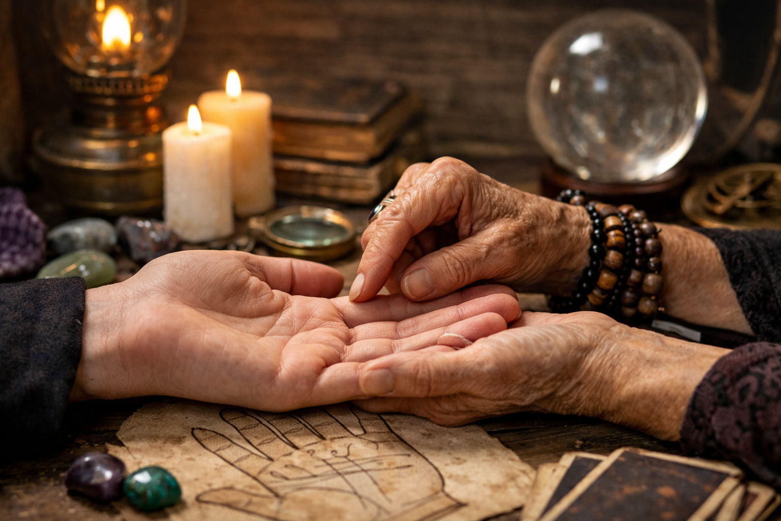 لقطة واقعية لقراءة الكف: يد مفتوحة يحدد قارئ الخطوط مساراتها وسط شموع وكرة بلورية على طاولة خشبية.