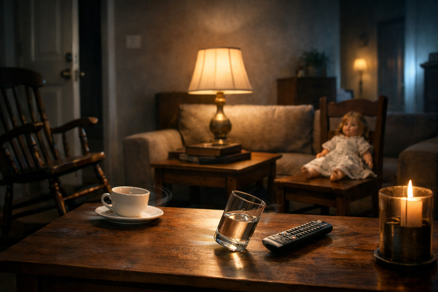 غرفة جلوس بإضاءة خافتة وأشياء تبدو كأنها تتحرك وحدها: كوب ينساب وكأس يميل وكرسي يهتز… فيزياء أم خداع حسي؟