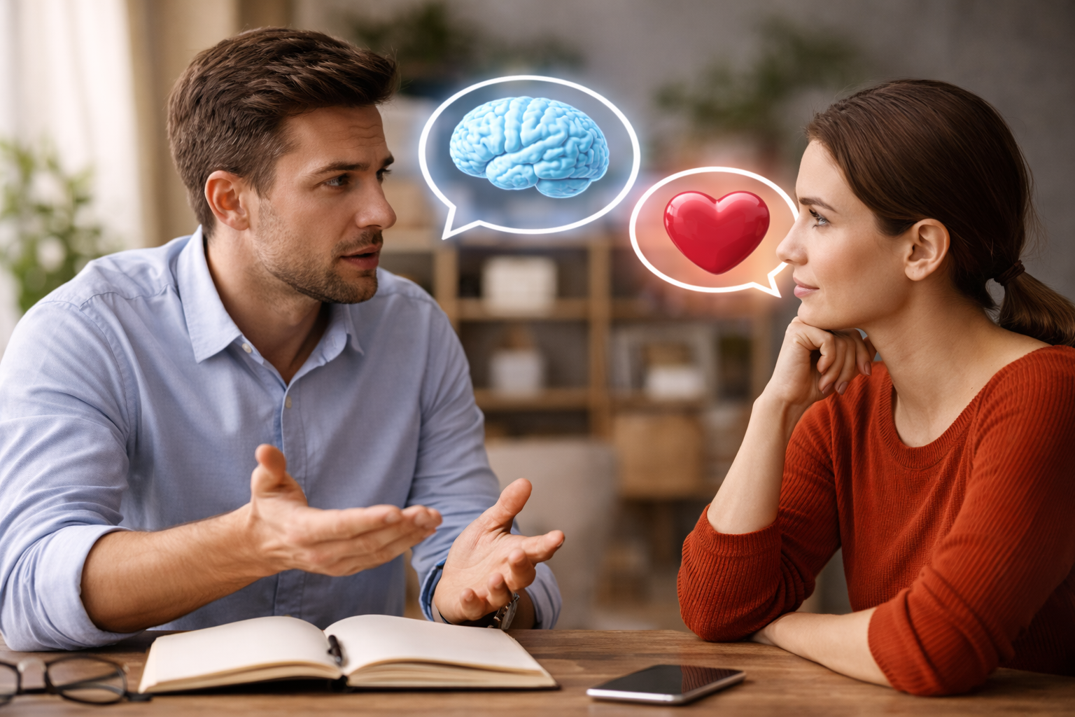 رجل في حيرة أمام دفتر مفتوح على طاولة، يتأمل قرارًا صعبًا في أجواء منزلية هادئة وإضاءة طبيعية.