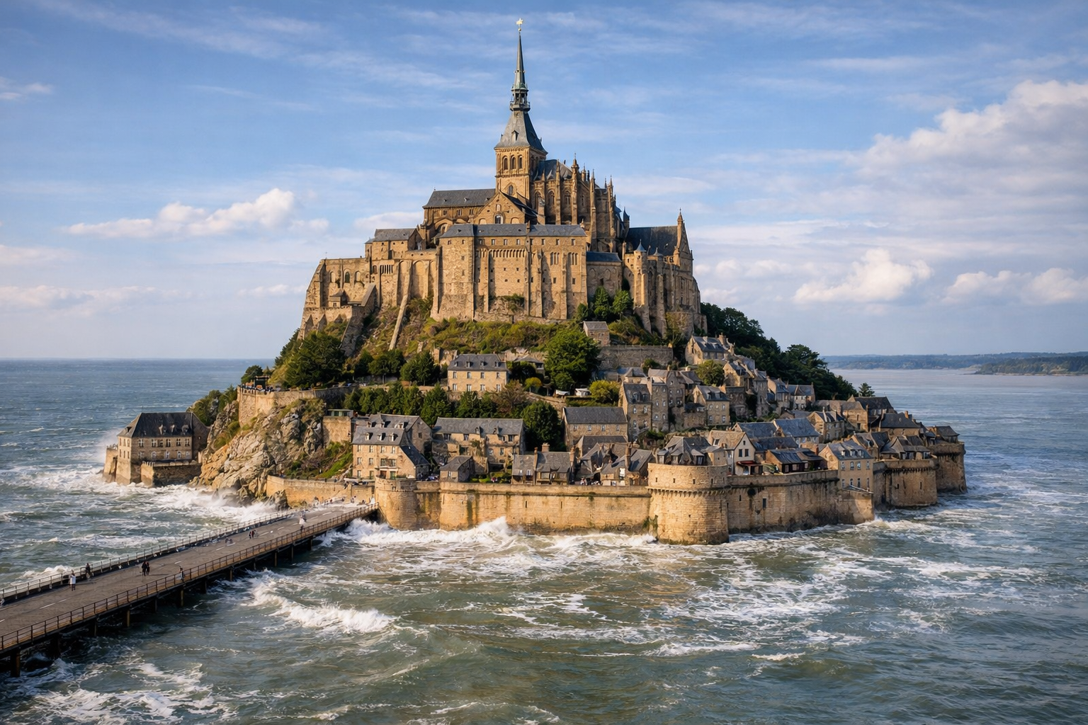 قلعة مون سان ميشيل وقت المدّ العالي، تحيطها المياه وتبدو كجزيرة حصينة مع الممر الغارق.
