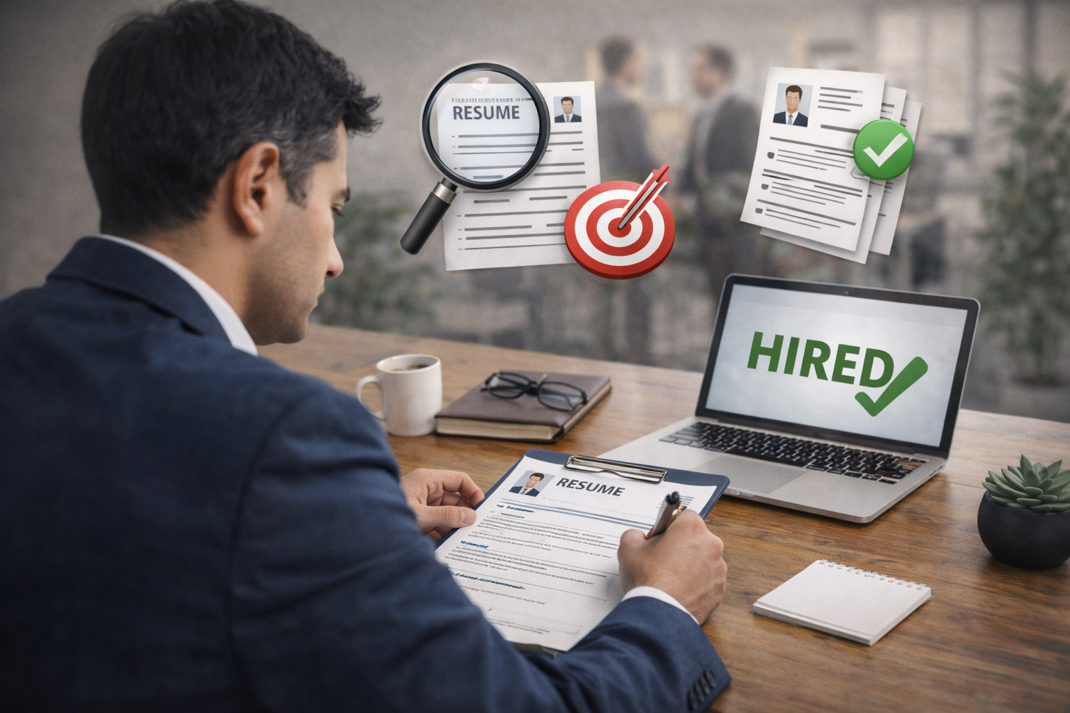 رجل يعمل على إعداد سيرة ذاتية أمام لابتوب في مكتب مرتب، مع مشهد يوحي بتحسين العرض ورفع فرص القبول في التوظيف.