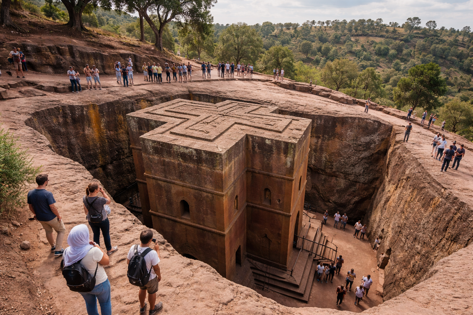 كنائس لاليبيلا الصخرية بإثيوبيا: كنيسة منحوتة تحت الأرض داخل حفرة عميقة مع ممرات صخرية وزوار يتجولون.