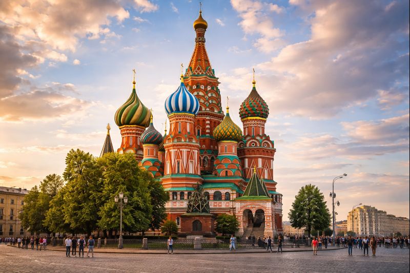 واجهة كنيسة سان باسيل بقبابها الملونة في الساحة الحمراء بموسكو تحت ضوء نهاري واضح