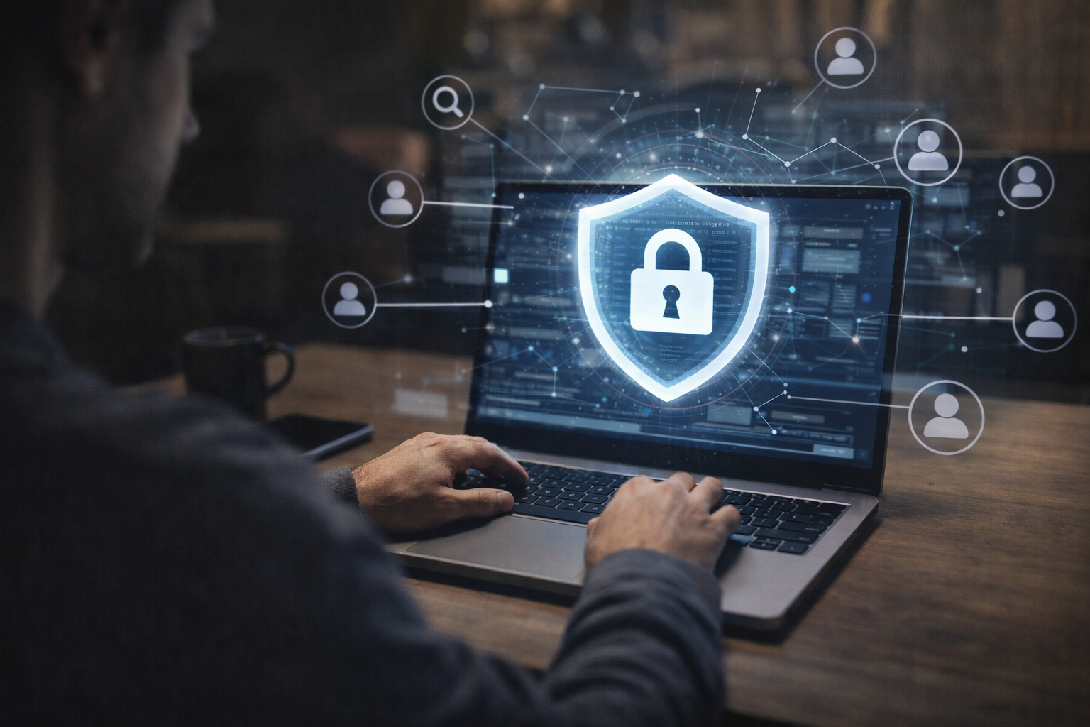 شخص يعمل على لابتوب يعرض رمز قفل وحماية، في مشهد واقعي يرمز لتقوية الخصوصية وتقليل تتبع البيانات.
