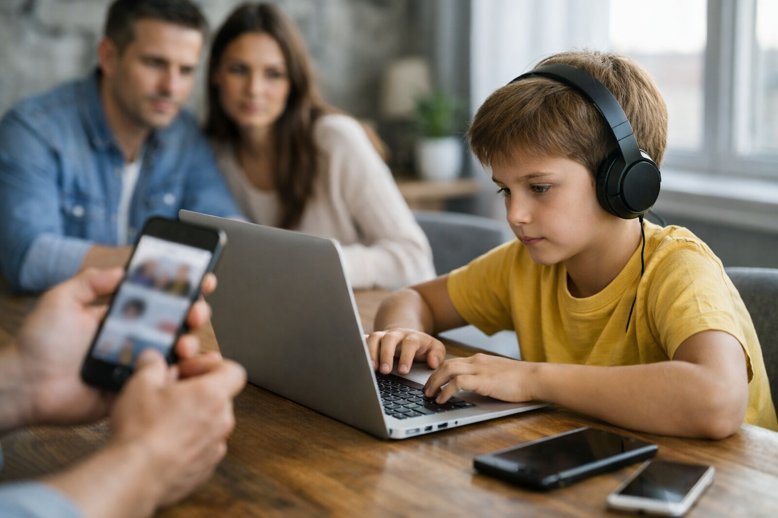 طفل يستخدم لابتوب في المنزل بينما يراقب والداه بهدوء، في مشهد يوازن بين الأمان والخصوصية الرقمية.