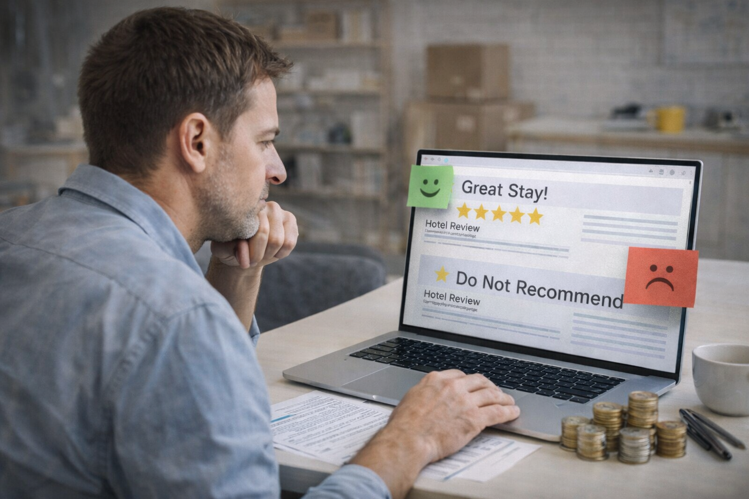 رجل يجلس مقابل اللابتوب ويراجع تقييمات فندق على الشاشة مع ملاحظات وأوراق بجانبه، لتوضيح طريقة قراءة المراجعات قبل الحجز.