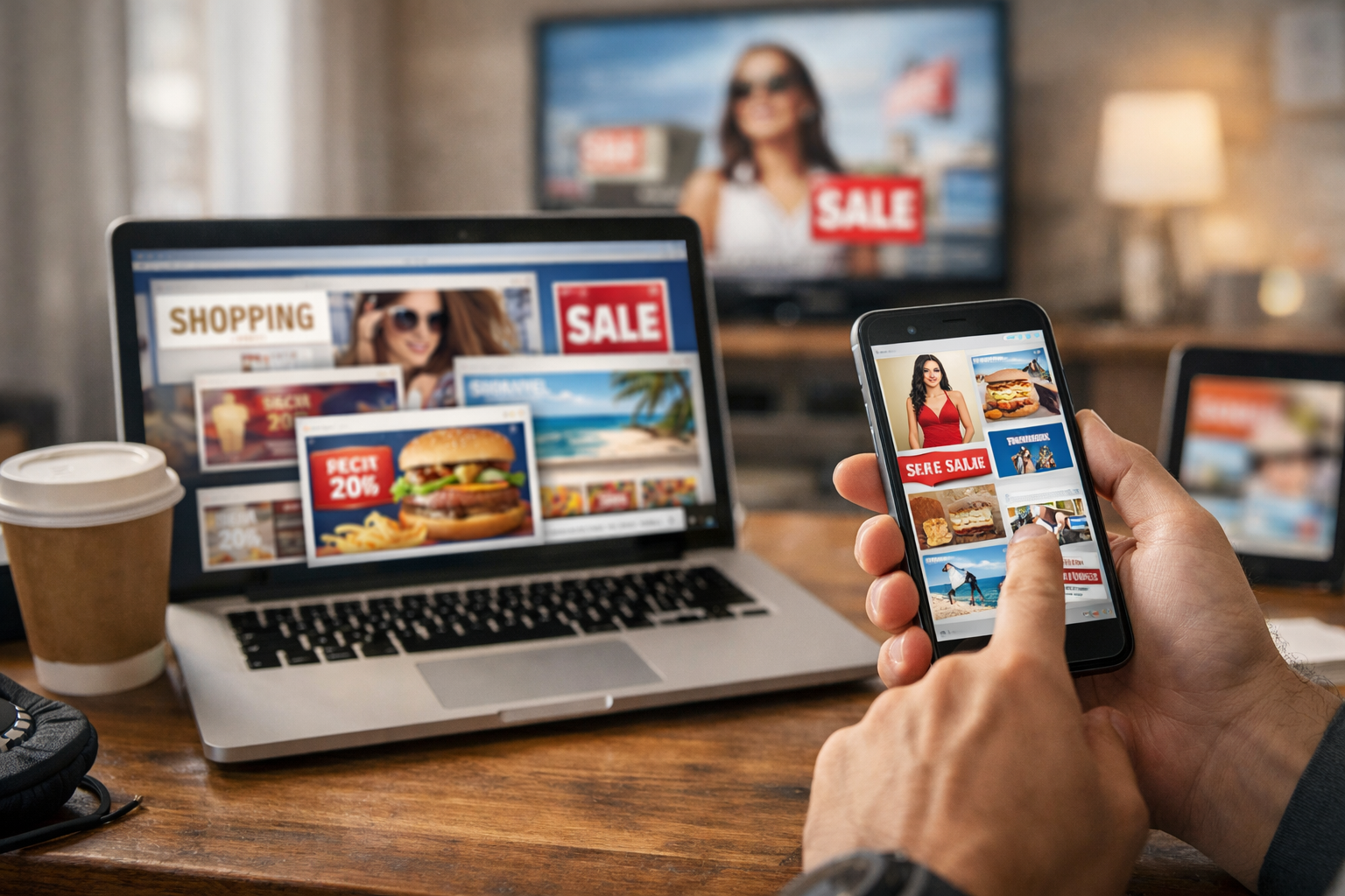 شخص يتصفح هاتفًا ولابتوبًا ممتلئين بإعلانات عروض وتسوق وطعام، في مشهد يوضح زحام الإعلانات الرقمية.